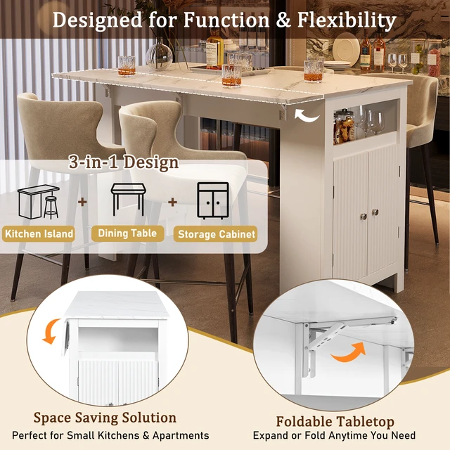 Alt view image 4 of 7 - Sideboard with Foldable Tabletop, Marble Grain Top 2 Door Storage Cabinet Adjustable Shelves Side Hooks MDF