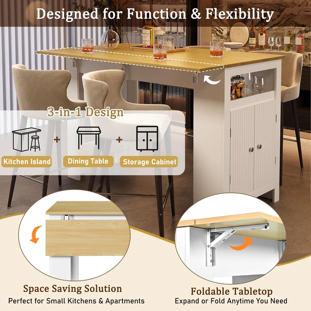 Alt view image 3 of 6 - Sideboard with Foldable Tabletop, Marble Grain Top 2 Door Storage Cabinet Adjustable Shelves Side Hooks MDF