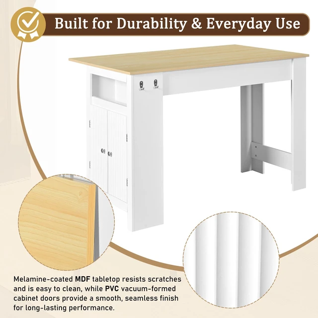 Alt view image 6 of 6 - Sideboard with Foldable Tabletop, Marble Grain Top 2 Door Storage Cabinet Adjustable Shelves Side Hooks MDF