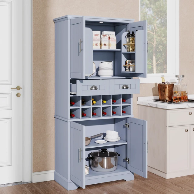 Alt view image 3 of 7 - 70.9 Inch Tall Wine Storage Cabinet, Removable 12 Bottle Wine Rack Spacious Drawers 4 Door Shelves Adjustable Shelves