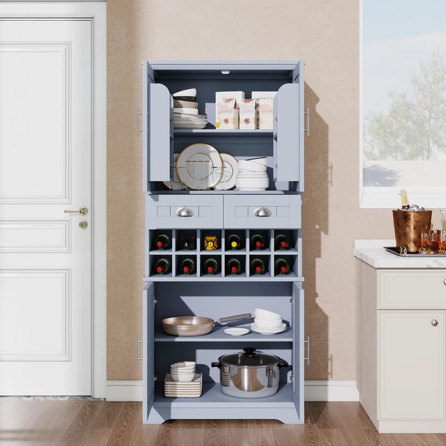 Alt view image 2 of 7 - 70.9 Inch Tall Wine Storage Cabinet, Removable 12 Bottle Wine Rack Spacious Drawers 4 Door Shelves Adjustable Shelves
