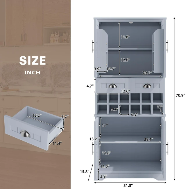 Alt view image 5 of 7 - 70.9 Inch Tall Wine Storage Cabinet, Removable 12 Bottle Wine Rack Spacious Drawers 4 Door Shelves Adjustable Shelves