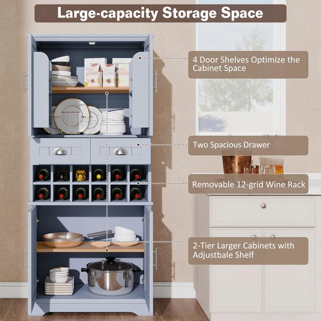 Alt view image 6 of 7 - 70.9 Inch Tall Wine Storage Cabinet, Removable 12 Bottle Wine Rack Spacious Drawers 4 Door Shelves Adjustable Shelves
