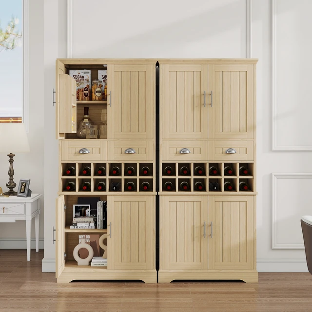 Alt view image 4 of 7 - 70.9 Inch Tall Wine Storage Cabinet, Removable 12 Bottle Wine Rack Spacious Drawers 4 Door Shelves Adjustable Shelves