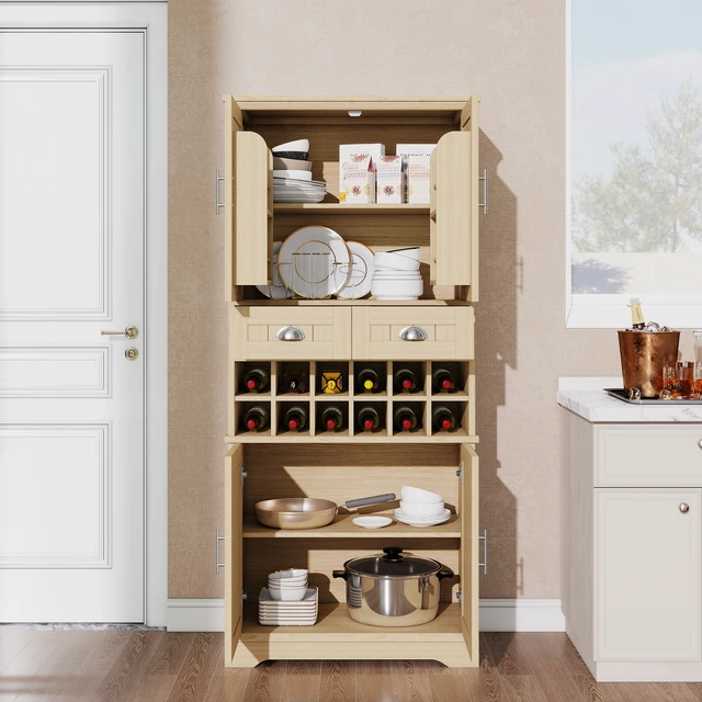 Alt view image 2 of 7 - 70.9 Inch Tall Wine Storage Cabinet, Removable 12 Bottle Wine Rack Spacious Drawers 4 Door Shelves Adjustable Shelves