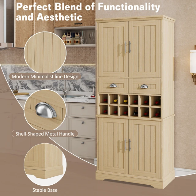 Alt view image 7 of 7 - 70.9 Inch Tall Wine Storage Cabinet, Removable 12 Bottle Wine Rack Spacious Drawers 4 Door Shelves Adjustable Shelves