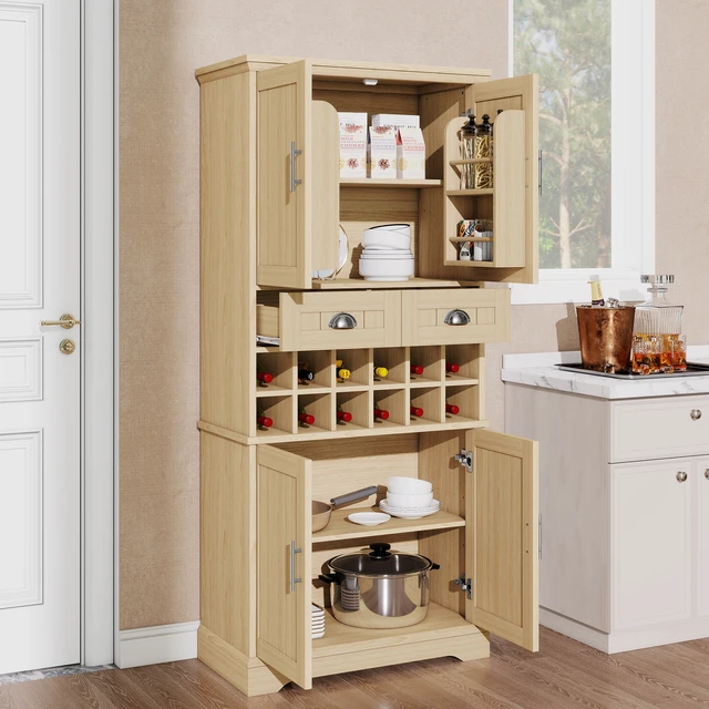 Alt view image 3 of 7 - 70.9 Inch Tall Wine Storage Cabinet, Removable 12 Bottle Wine Rack Spacious Drawers 4 Door Shelves Adjustable Shelves
