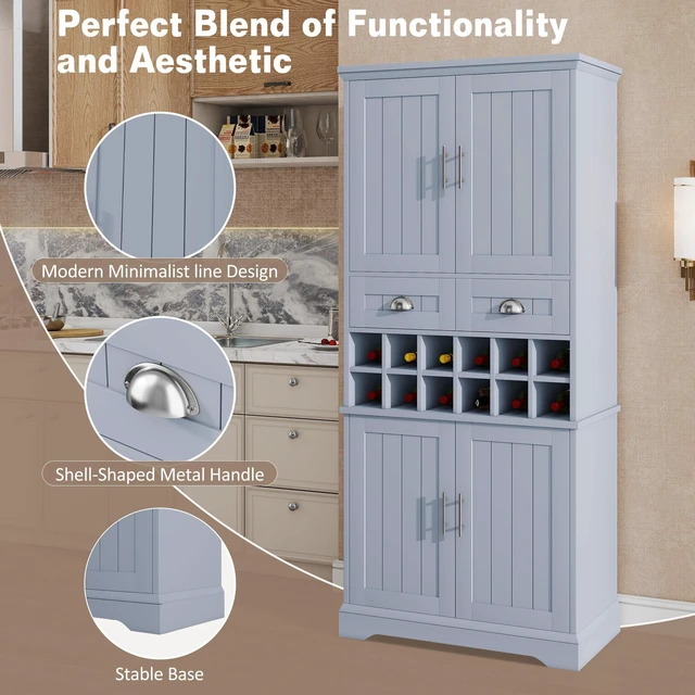 Alt view image 7 of 7 - 70.9 Inch Tall Wine Storage Cabinet, Removable 12 Bottle Wine Rack Spacious Drawers 4 Door Shelves Adjustable Shelves
