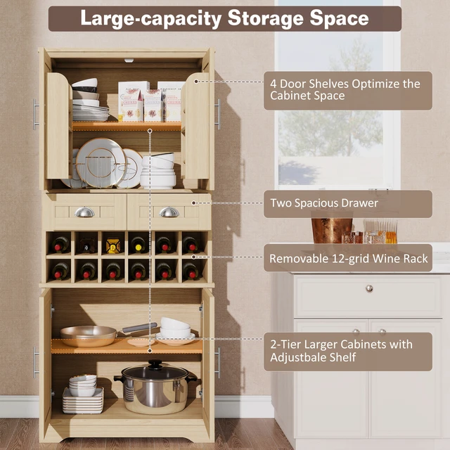 Alt view image 6 of 7 - 70.9 Inch Tall Wine Storage Cabinet, Removable 12 Bottle Wine Rack Spacious Drawers 4 Door Shelves Adjustable Shelves