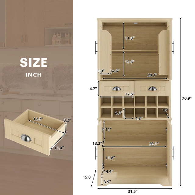 Alt view image 5 of 7 - 70.9 Inch Tall Wine Storage Cabinet, Removable 12 Bottle Wine Rack Spacious Drawers 4 Door Shelves Adjustable Shelves