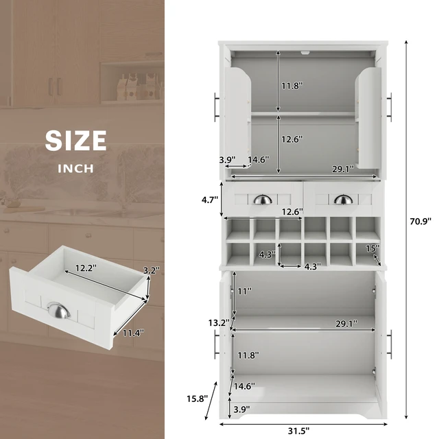 Alt view image 5 of 7 - 70.9 Inch Tall Wine Storage Cabinet, Removable 12 Bottle Wine Rack Spacious Drawers 4 Door Shelves Adjustable Shelves