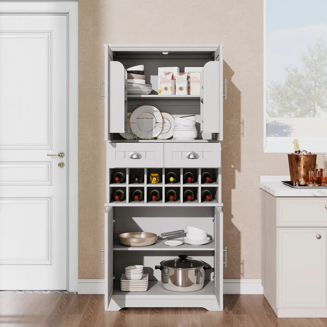 Alt view image 2 of 7 - 70.9 Inch Tall Wine Storage Cabinet, Removable 12 Bottle Wine Rack Spacious Drawers 4 Door Shelves Adjustable Shelves