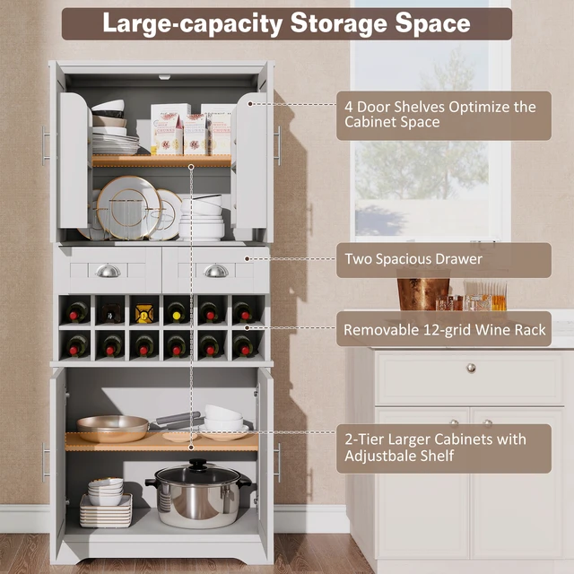 Alt view image 6 of 7 - 70.9 Inch Tall Wine Storage Cabinet, Removable 12 Bottle Wine Rack Spacious Drawers 4 Door Shelves Adjustable Shelves