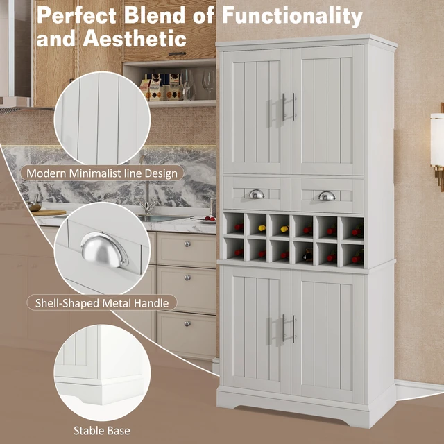 Alt view image 7 of 7 - 70.9 Inch Tall Wine Storage Cabinet, Removable 12 Bottle Wine Rack Spacious Drawers 4 Door Shelves Adjustable Shelves