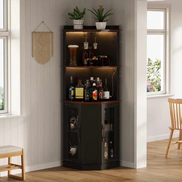 Main image of 67.3 Inch Corner Bar Cabinet with Power Outlet, Wine Bar Cabinet with Adjustable Shelves for with Lights and Glass Rack