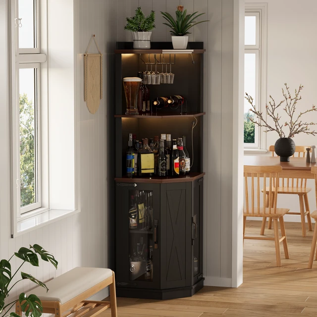 Alt view image 3 of 4 - 67.3 Inch Corner Bar Cabinet with Power Outlet, Wine Bar Cabinet with Adjustable Shelves for with Lights and Glass Rack