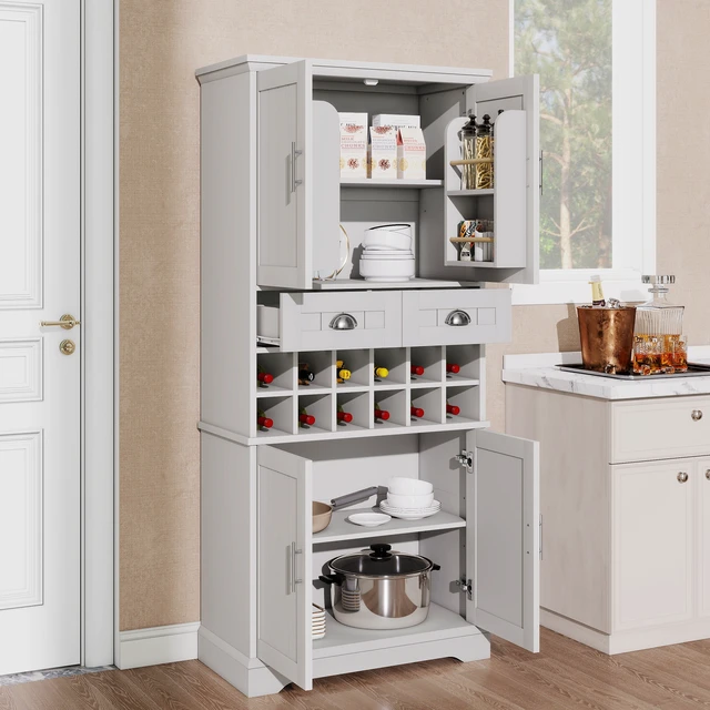 Alt view image 3 of 7 - 70.9 Inch Tall Wine Storage Cabinet, Removable 12 Bottle Wine Rack Spacious Drawers 4 Door Shelves Adjustable Shelves