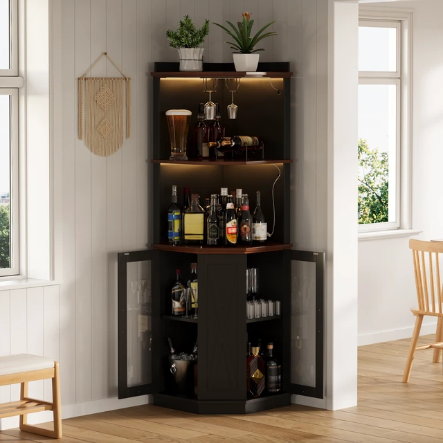 Alt view image 2 of 4 - 67.3 Inch Corner Bar Cabinet with Power Outlet, Wine Bar Cabinet with Adjustable Shelves for with Lights and Glass Rack