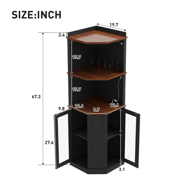 Alt view image 4 of 4 - 67.3 Inch Corner Bar Cabinet with Power Outlet, Wine Bar Cabinet with Adjustable Shelves for with Lights and Glass Rack