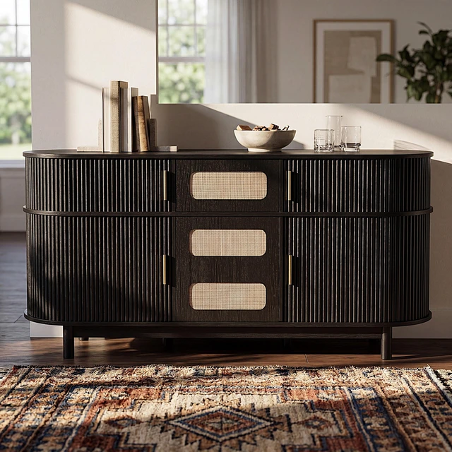 Main image of 60.04 Inch Sideboard Buffet Cabinet with Sliding Fluted Doors for Dining Living, Black, MDF, Servers Sideboards Buffets
