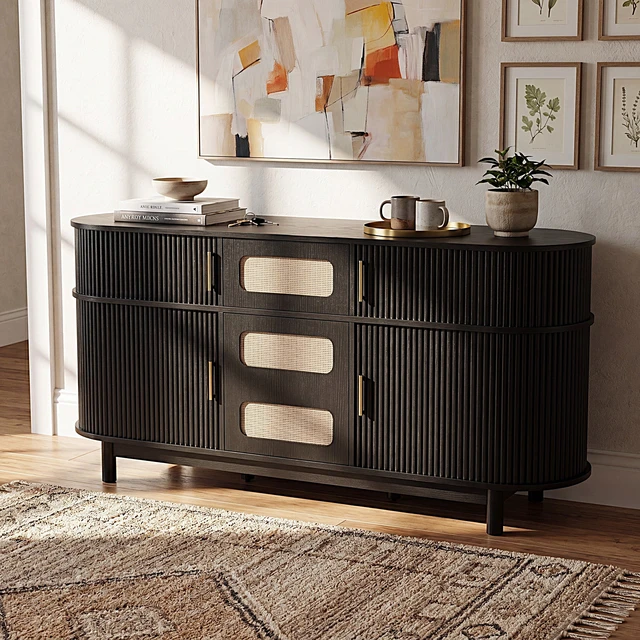 Alt view image 2 of 7 - 60.04 Inch Sideboard Buffet Cabinet with Sliding Fluted Doors for Dining Living, Black, MDF, Servers Sideboards Buffets