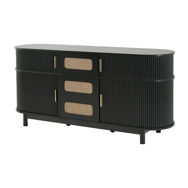 Alt view image 6 of 7 - 60.04 Inch Sideboard Buffet Cabinet with Sliding Fluted Doors for Dining Living, Black, MDF, Servers Sideboards Buffets