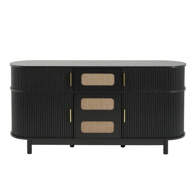 Alt view image 5 of 7 - 60.04 Inch Sideboard Buffet Cabinet with Sliding Fluted Doors for Dining Living, Black, MDF, Servers Sideboards Buffets