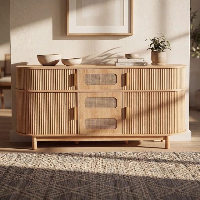 Main image of 60.04 Inch Color Sideboard Buffet Cabinet with Sliding Fluted Doors for Dining Living, Natural, MDF, Servers Sideboards