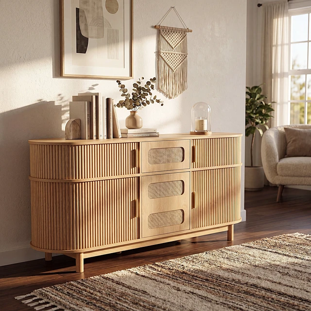 Alt view image 2 of 7 - 60.04 Inch Color Sideboard Buffet Cabinet with Sliding Fluted Doors for Dining Living, Natural, MDF, Servers Sideboards