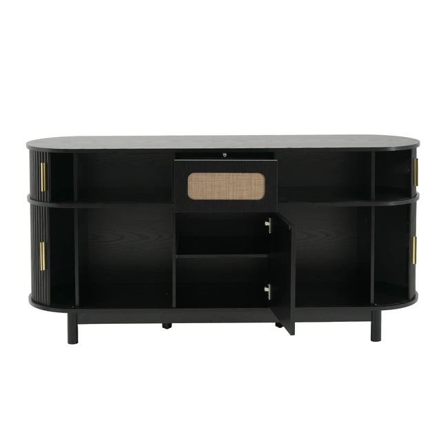 Alt view image 7 of 7 - 60.04 Inch Sideboard Buffet Cabinet with Sliding Fluted Doors for Dining Living, Black, MDF, Servers Sideboards Buffets