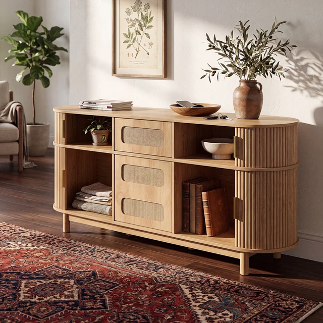 Alt view image 4 of 7 - 60.04 Inch Color Sideboard Buffet Cabinet with Sliding Fluted Doors for Dining Living, Natural, MDF, Servers Sideboards
