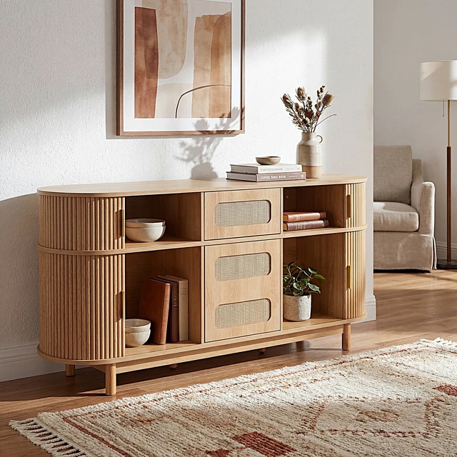 Alt view image 3 of 7 - 60.04 Inch Color Sideboard Buffet Cabinet with Sliding Fluted Doors for Dining Living, Natural, MDF, Servers Sideboards