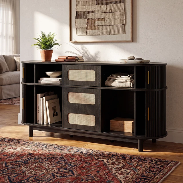 Alt view image 3 of 7 - 60.04 Inch Sideboard Buffet Cabinet with Sliding Fluted Doors for Dining Living, Black, MDF, Servers Sideboards Buffets