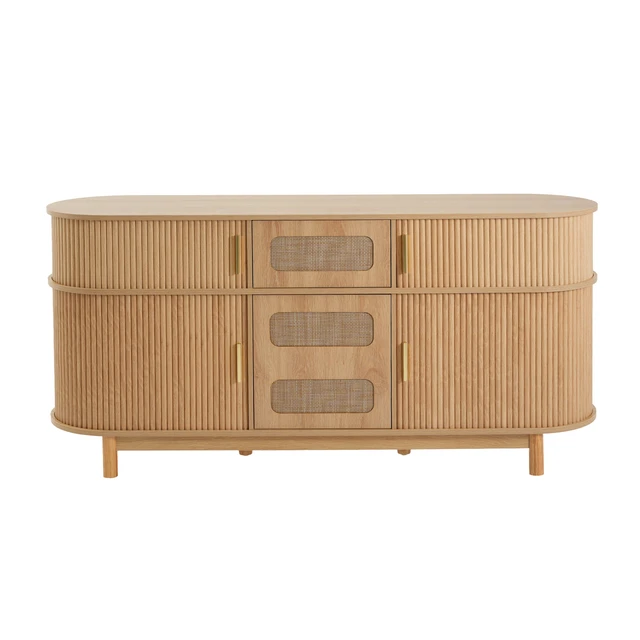 Alt view image 6 of 7 - 60.04 Inch Color Sideboard Buffet Cabinet with Sliding Fluted Doors for Dining Living, Natural, MDF, Servers Sideboards