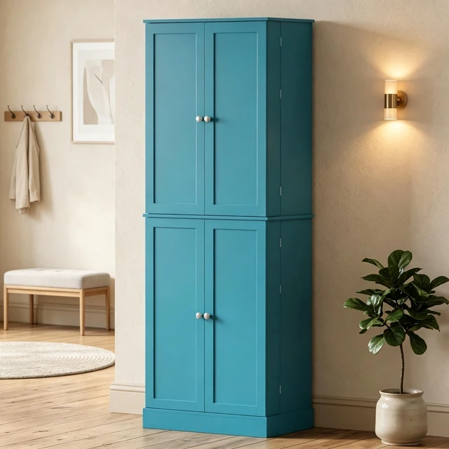 Alt view image 2 of 7 - 65 Inch Tall Kitchen Pantry Storage Cabinet, Freestanding Cabinet with 4 Doors and Built in Door Shelves for Kitchen