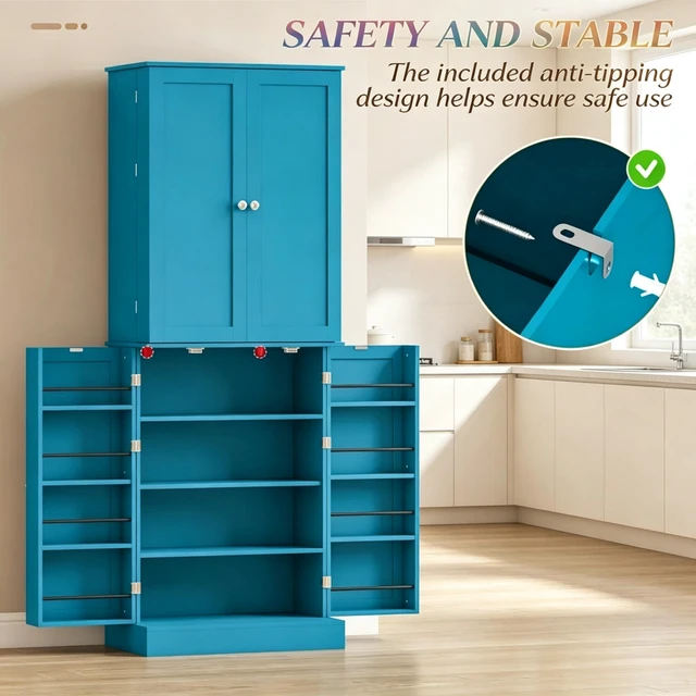 Alt view image 6 of 7 - 65 Inch Tall Kitchen Pantry Storage Cabinet, Freestanding Cabinet with 4 Doors and Built in Door Shelves for Kitchen