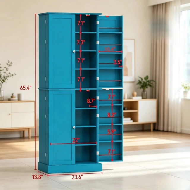 Alt view image 7 of 7 - 65 Inch Tall Kitchen Pantry Storage Cabinet, Freestanding Cabinet with 4 Doors and Built in Door Shelves for Kitchen