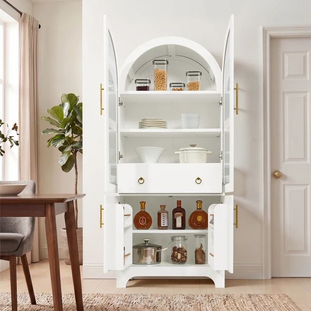 Alt view image 3 of 7 - 77 Inch High Arched Kitchen Cabinet with Door Panels and Shelves, Hidden Drawers and Glass Doors with Side Spice Rack
