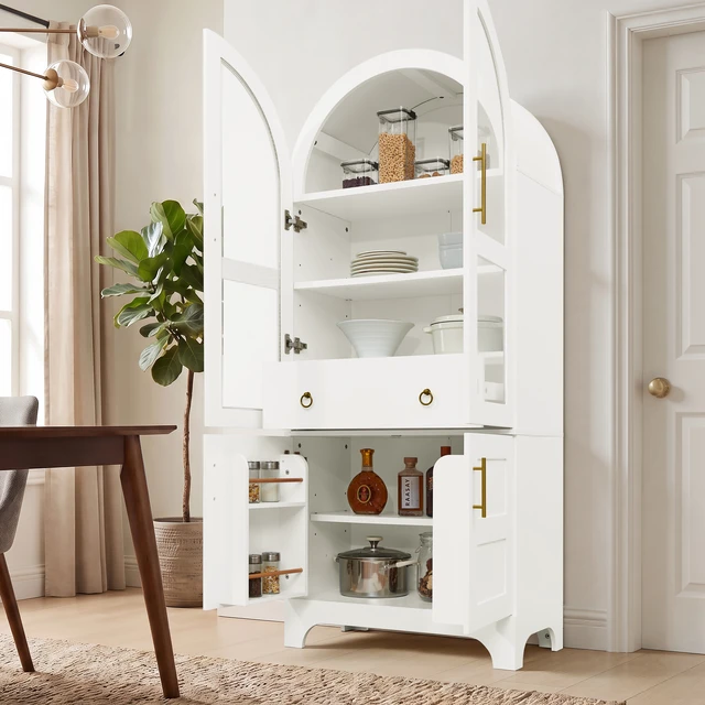Alt view image 4 of 7 - 77 Inch High Arched Kitchen Cabinet with Door Panels and Shelves, Hidden Drawers and Glass Doors with Side Spice Rack