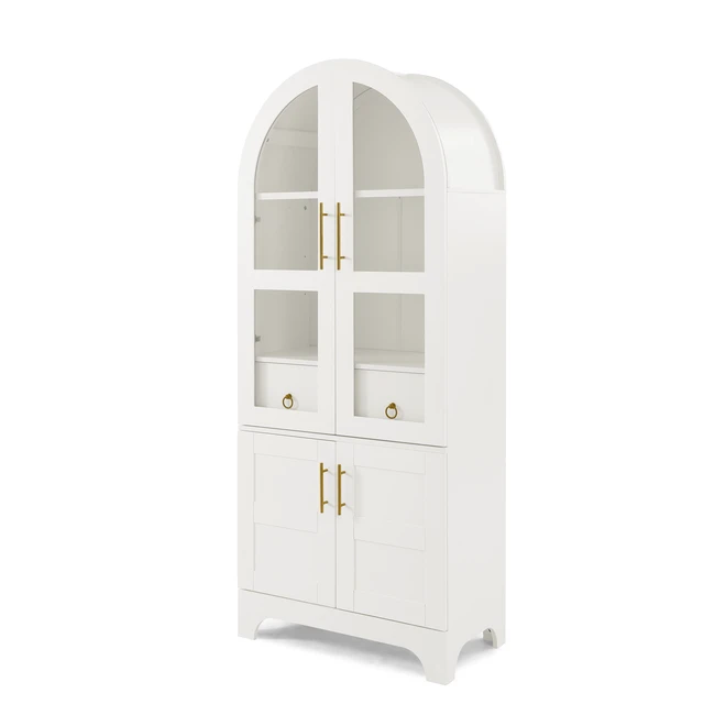 Alt view image 6 of 7 - 77 Inch High Arched Kitchen Cabinet with Door Panels and Shelves, Hidden Drawers and Glass Doors with Side Spice Rack