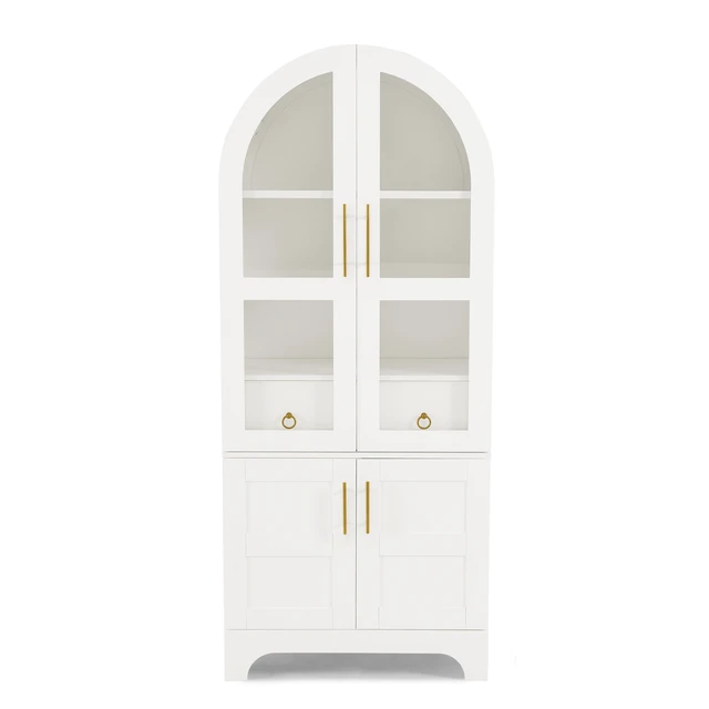 Alt view image 5 of 7 - 77 Inch High Arched Kitchen Cabinet with Door Panels and Shelves, Hidden Drawers and Glass Doors with Side Spice Rack