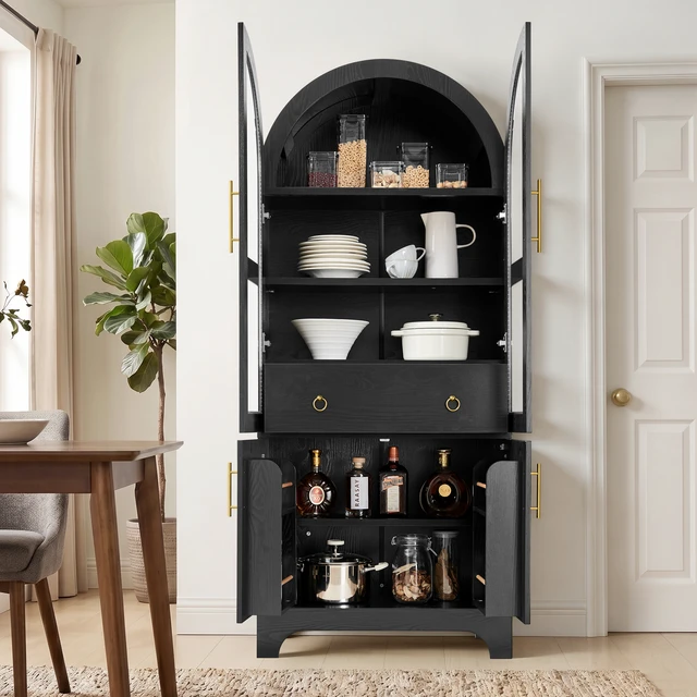 Alt view image 3 of 7 - 77 Inch High Arched Kitchen Cabinet with Door Panels and Shelves, Hidden Drawers and Glass Doors with Side Spice Rack