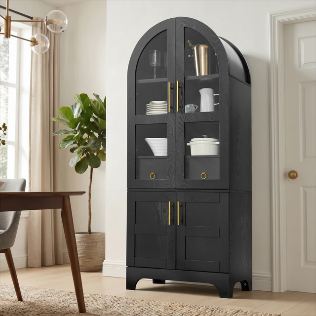 Alt view image 2 of 7 - 77 Inch High Arched Kitchen Cabinet with Door Panels and Shelves, Hidden Drawers and Glass Doors with Side Spice Rack