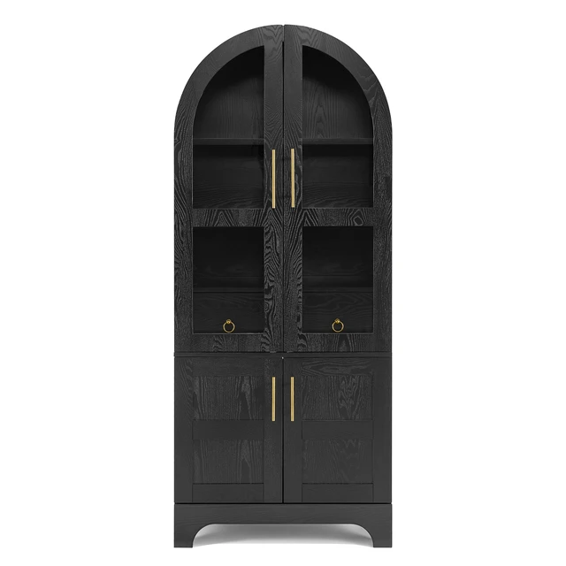 Alt view image 5 of 7 - 77 Inch High Arched Kitchen Cabinet with Door Panels and Shelves, Hidden Drawers and Glass Doors with Side Spice Rack