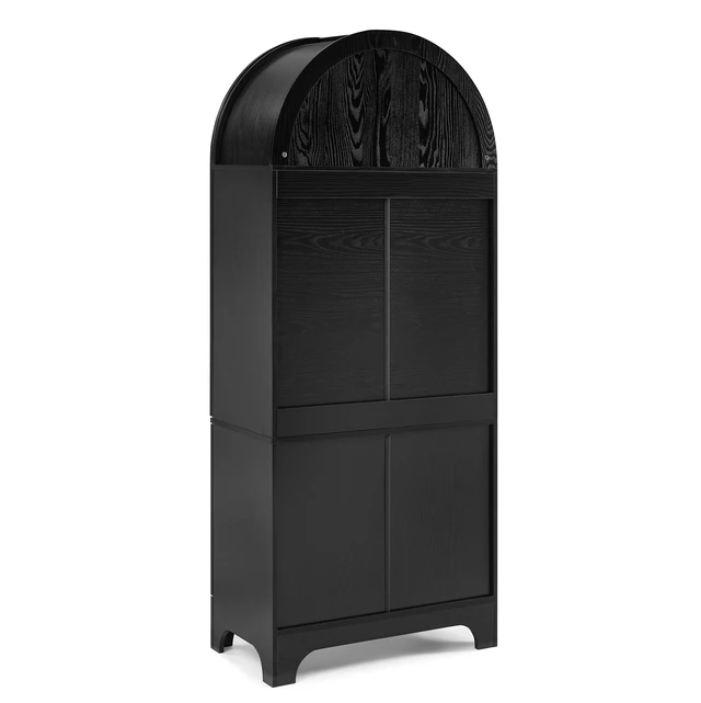 Alt view image 6 of 7 - 77 Inch High Arched Kitchen Cabinet with Door Panels and Shelves, Hidden Drawers and Glass Doors with Side Spice Rack