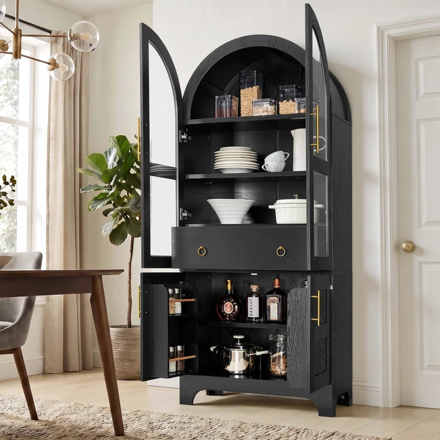 Alt view image 4 of 7 - 77 Inch High Arched Kitchen Cabinet with Door Panels and Shelves, Hidden Drawers and Glass Doors with Side Spice Rack