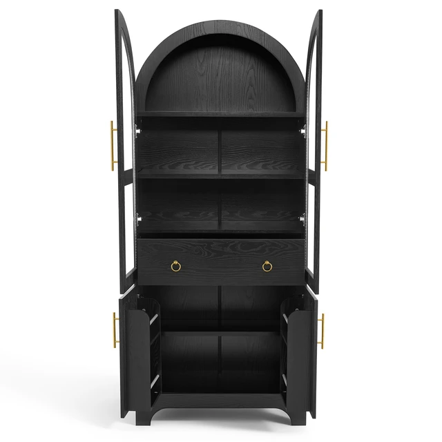 Alt view image 7 of 7 - 77 Inch High Arched Kitchen Cabinet with Door Panels and Shelves, Hidden Drawers and Glass Doors with Side Spice Rack