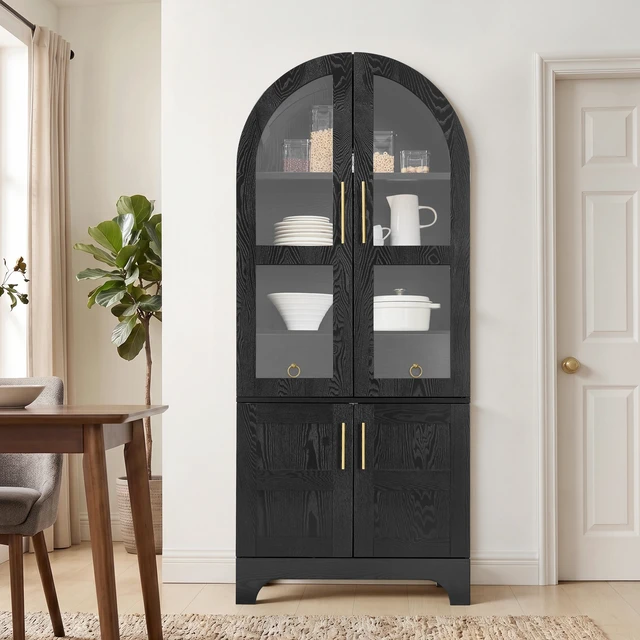 Main image of 77 Inch High Arched Kitchen Cabinet with Door Panels and Shelves, Hidden Drawers and Glass Doors with Side Spice Rack
