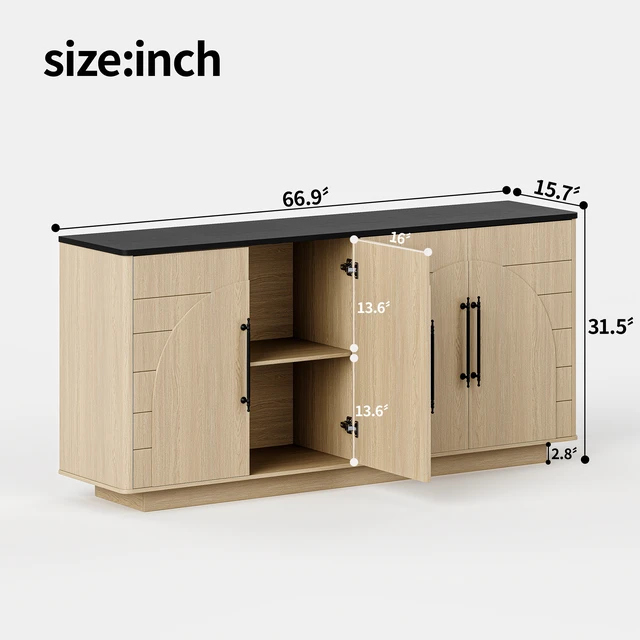 Alt view image 2 of 6 - 67 Inch Sideboard Buffet Cabinet, 4 Door Storage Cabinet with Arched Geometric Doors and Black Top Large Credenza TV