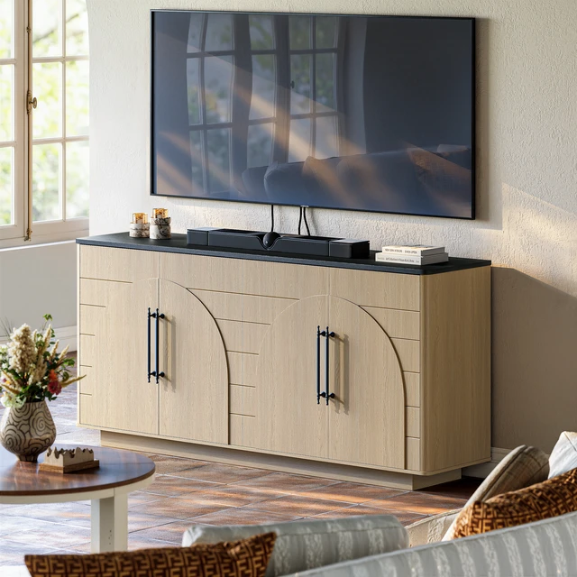 Alt view image 3 of 6 - 67 Inch Sideboard Buffet Cabinet, 4 Door Storage Cabinet with Arched Geometric Doors and Black Top Large Credenza TV